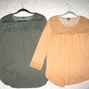 Hannah Boho womens tops 3/4 Sleeve Crochet Trim Lot of 2 Size L